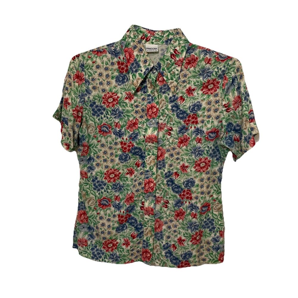 Pandora Vintage 80s Floral Button Up Short Sleeve Blouse Top Womens 13 Medium